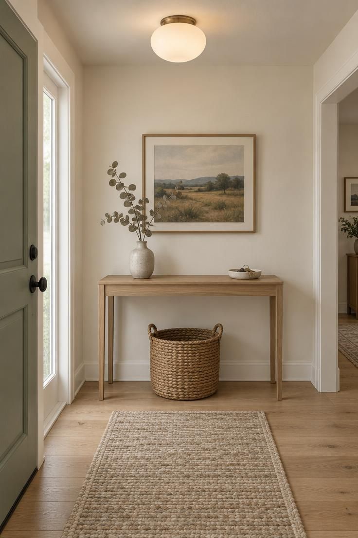 Compact entryway with a rounded opal glass flush mount ceiling light above a slim oak console, woven basket, key bowl, sage door, and oatmeal runner on oak floors.