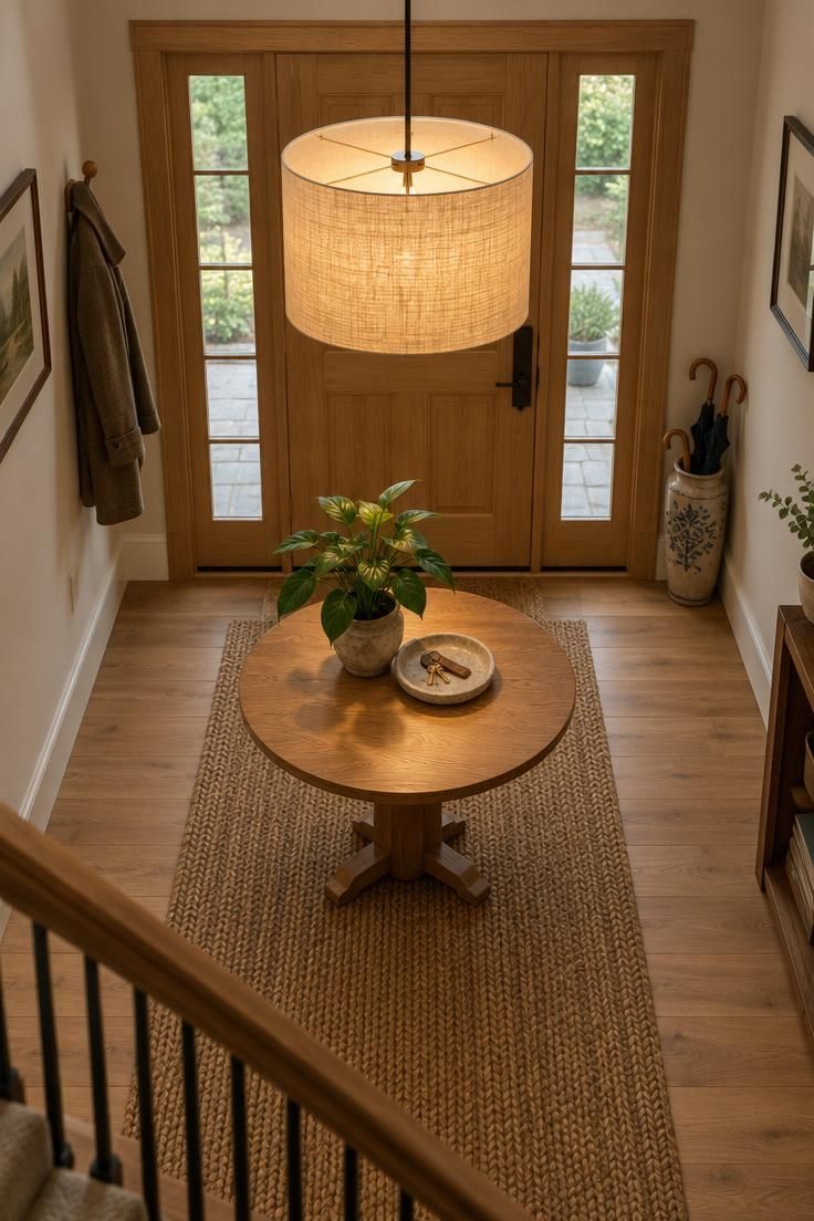 Overhead view of a foyer with a natural linen drum pendant centered above a round wood table, jute runner, oak door frame, potted plant, and warm golden light.
