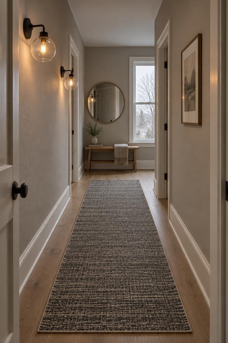 Narrow hallway seen from a doorway with two matte black globe sconces, a small oak bench, round mirror, warm gray walls, and a muted flat-weave runner.