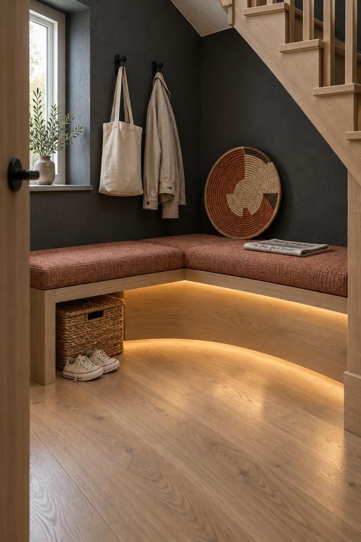Compact residential entry alcove with a built-in white oak bench under a stair, hidden warm step light washing the floor, terracotta cushion, woven basket, low hooks, and round woven wall hanging on a charcoal wall.