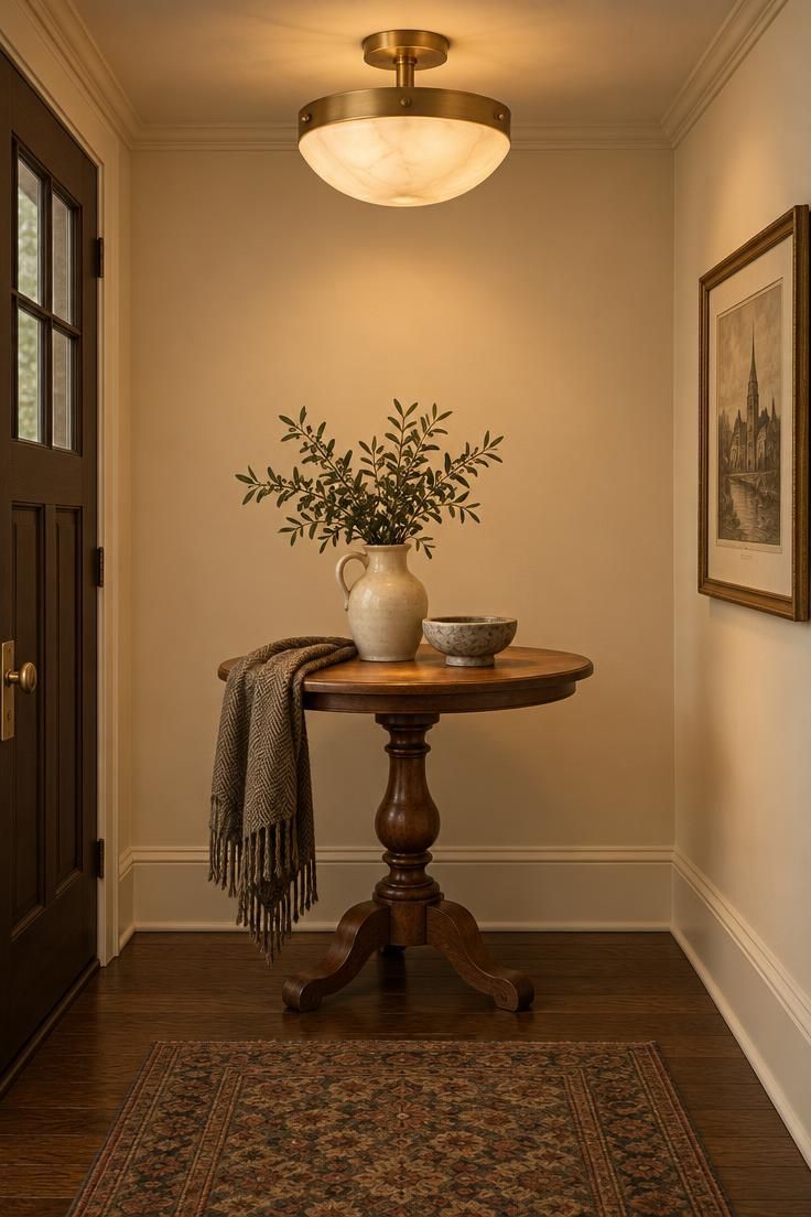 Small foyer at eye level with a brass ring and alabaster semi-flush fixture, turned-wood pedestal table with ceramic jug, ivory walls, and dark oak floor.