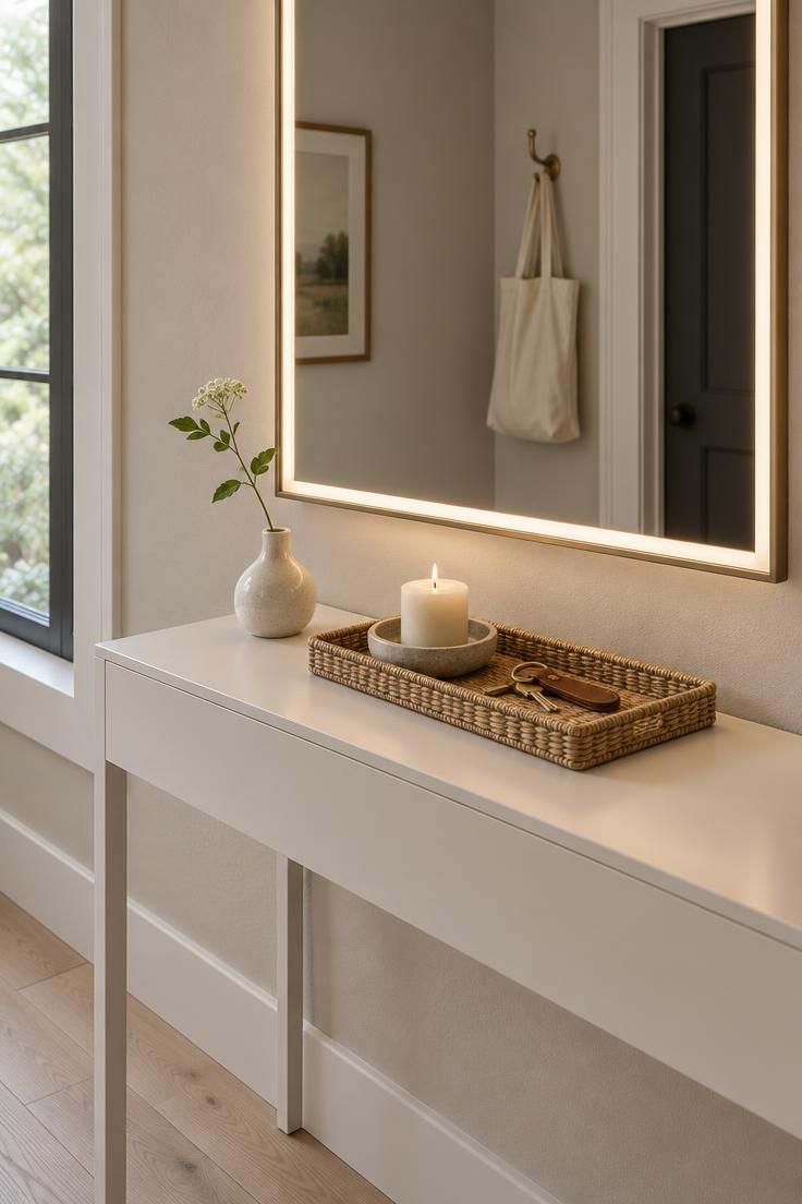 Close-up of a rectangular mirror with integrated light border above a white console, woven tray, candle, key fob, and pale oak floor.