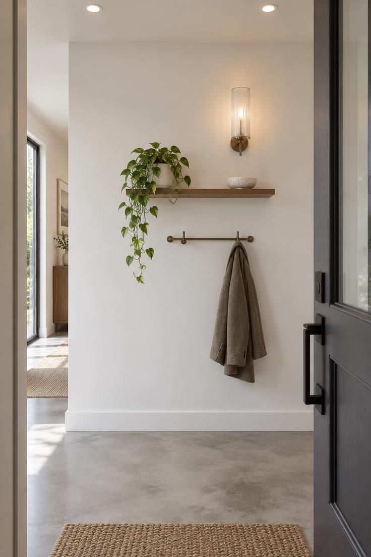 Modern white entry seen from a doorway with recessed downlights, an off-center ribbed glass sconce above a floating shelf with a plant, and a polished concrete floor.