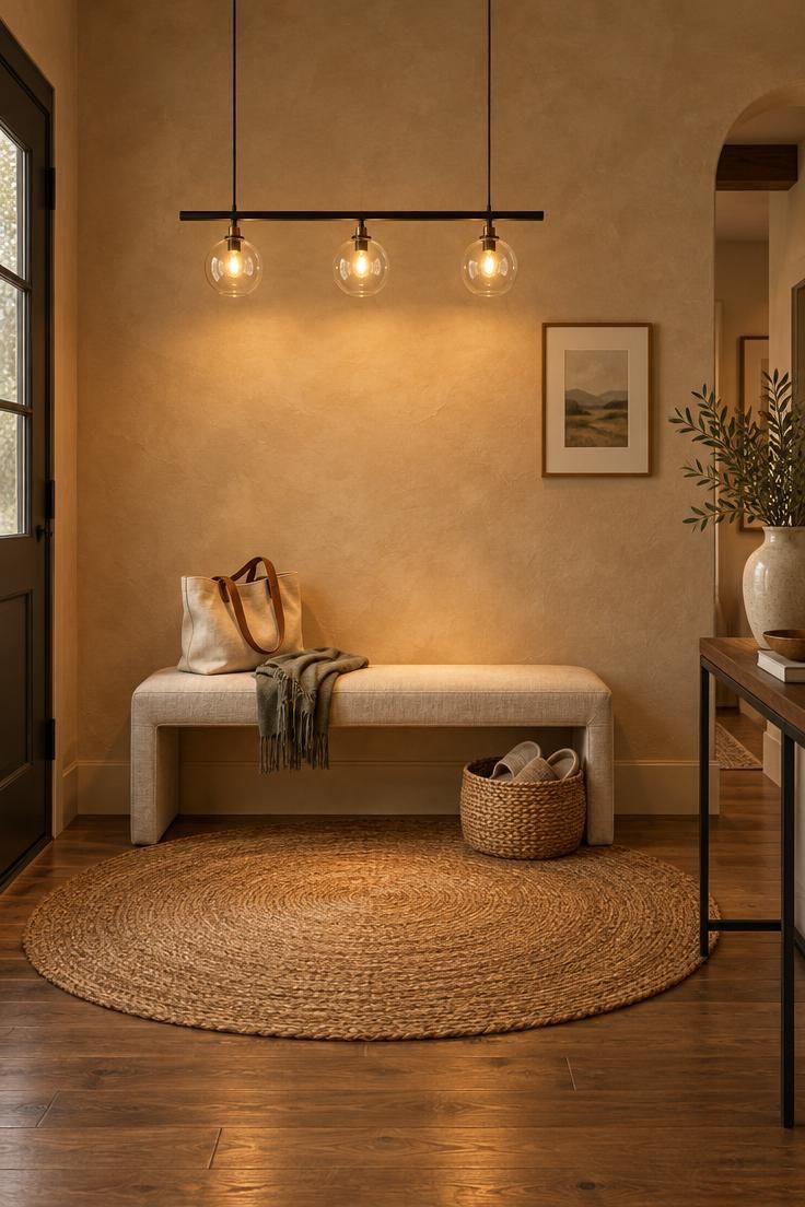 Wide entry with a black linear bar pendant holding three clear globes above an upholstered bench, warm plaster wall, round jute rug, and slipper basket.