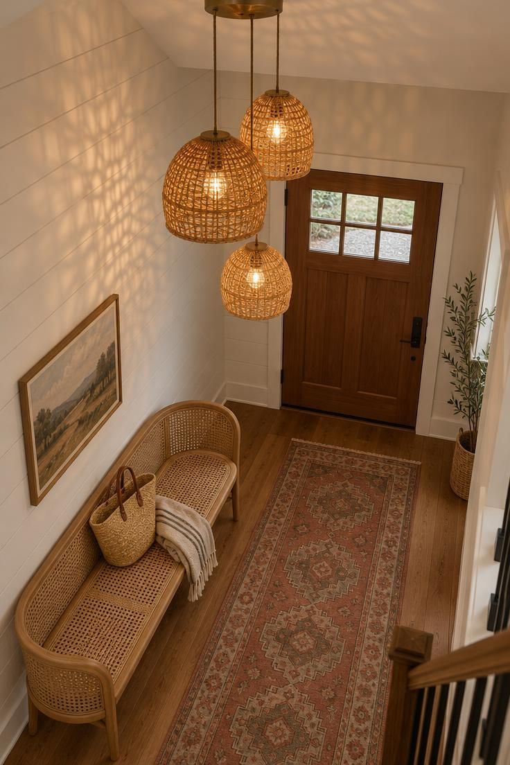 Overhead view of a tall entry with three staggered rattan pendant shades, a curved cane bench, white shiplap wall, and terracotta patterned runner.