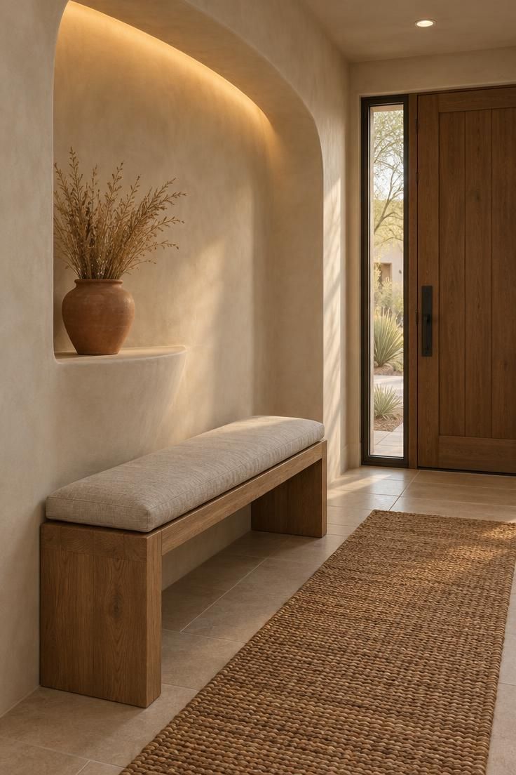 Curved plaster alcove with hidden cove light, limewash walls, low oak bench with linen cushion, jute runner, and a terracotta pot with dried grass.