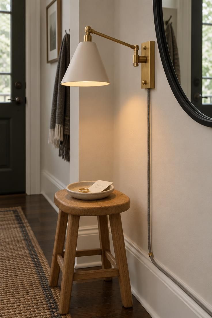 Close-up of a brass plug-in sconce with swinging arm and ivory cone shade beside a round black-framed mirror, with an oak stool and gray cord along the baseboard.