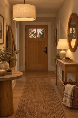 Cozy entryway in warm evening light with a linen drum pendant, ceramic table lamp on an oak console, braided jute runner, round mirror, and oak front door.