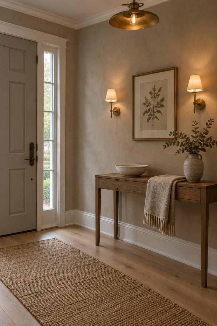 Entryway Paint Colors That Work with Natural and Artificial Light 1 Entryway wall in warm greige shown under cool daylight from a sidelight on one side and warm ceiling and sconce light on the other, with a wooden console, dried eucalyptus, and jute runner.
