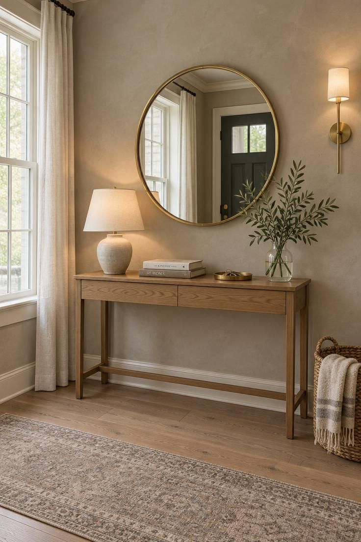 Entryway Paint Colors That Work with Natural and Artificial Light 2 Bright foyer with warm greige walls, wooden console, brass wall sconce, olive branches, and a wool runner, lit by a window and sconce together.