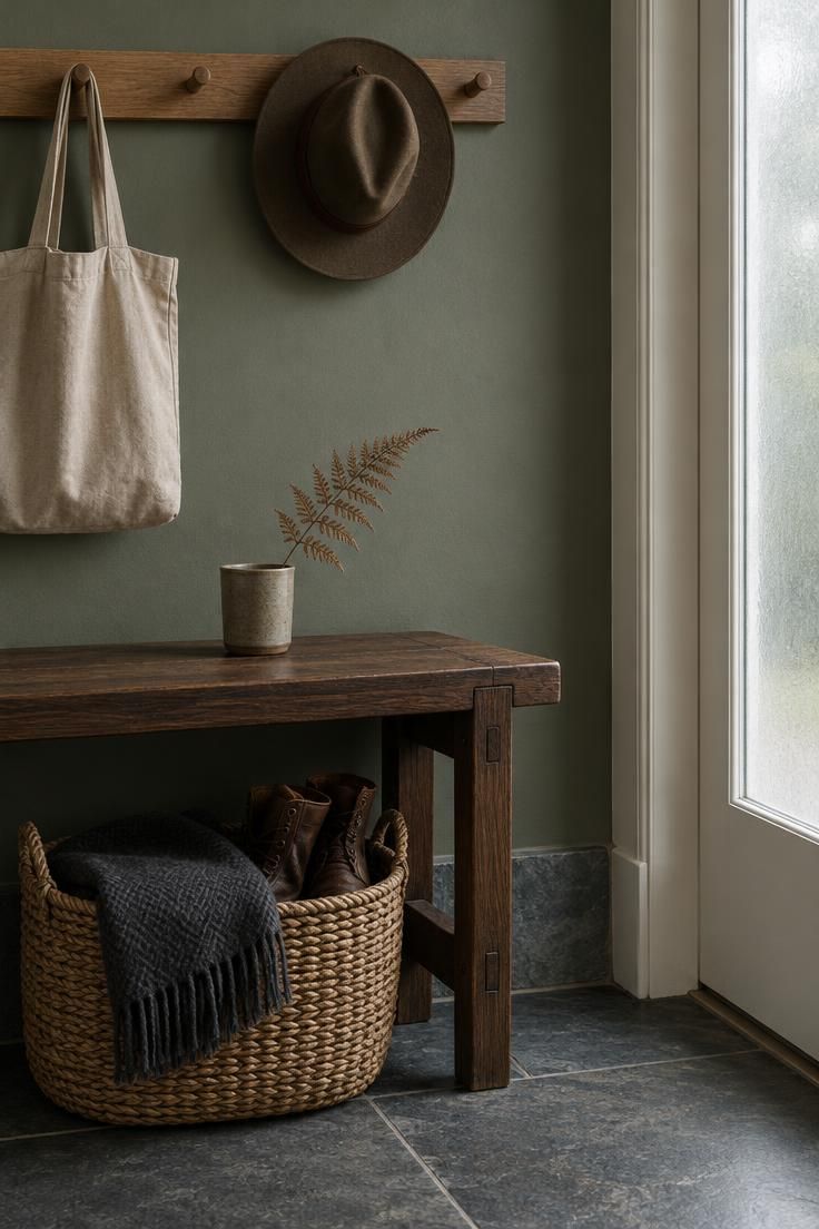 Entryway Paint Colors That Work with Natural and Artificial Light 3 Close-up of muted sage green entryway wall with a dark wood bench, seagrass basket, bluestone ledge, and dried fern in soft diffused light.