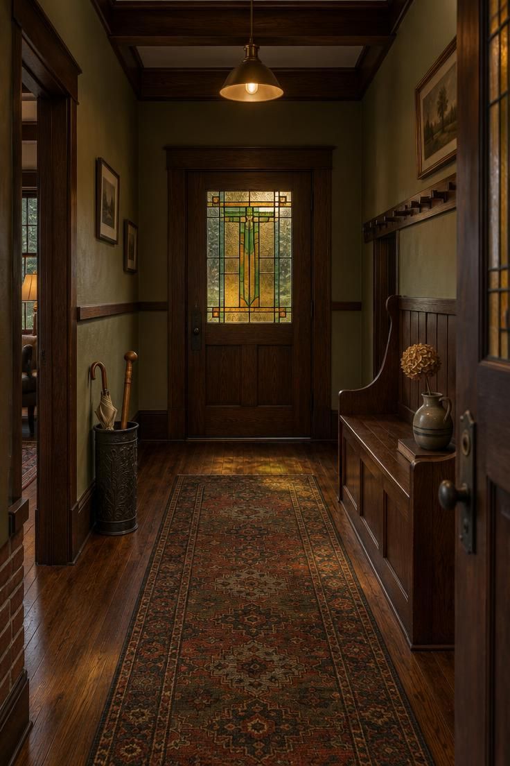 Entryway Paint Colors That Work with Natural and Artificial Light 4 Craftsman entry hall with muted olive walls, dark wood trim and built-in bench, stained-glass door, rust and olive wool runner, and warm pendant light.
