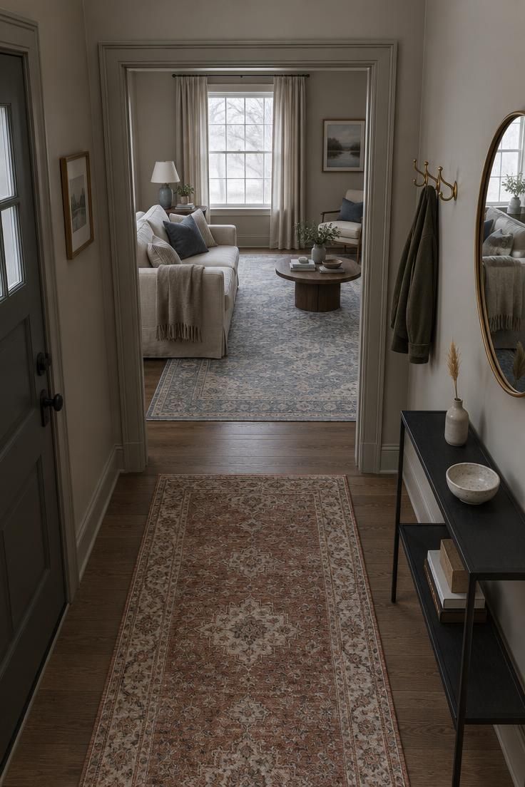 Entryway Paint Colors That Work with Natural and Artificial Light 5 Overhead view of a greige foyer opening into a living room, with a deeper-toned entry door and the same wall color carried into the adjacent space under cool light.