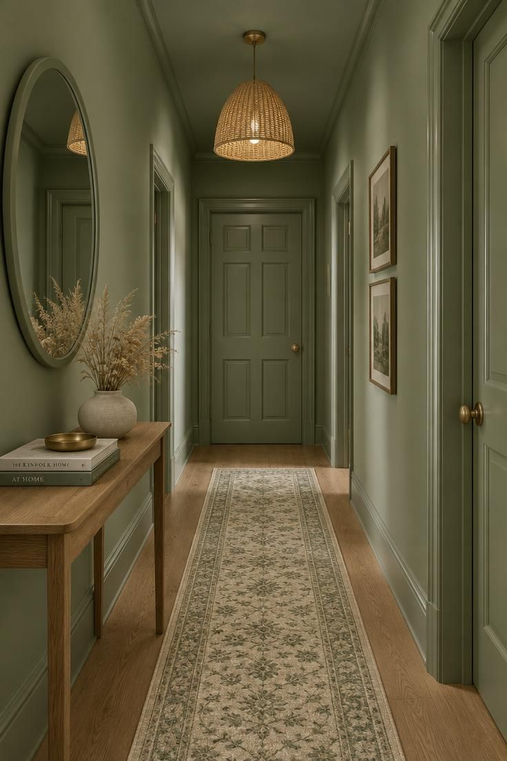 Entryway Paint Colors That Work with Natural and Artificial Light 6 Color-drenched sage green hallway with walls, trim, door, and ceiling in the same hue, an oak console, dried grasses, and a cream and sage runner.