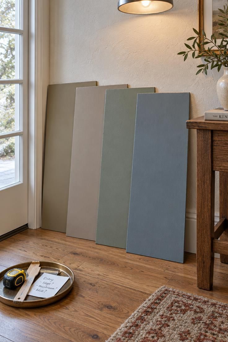 Entryway Paint Colors That Work with Natural and Artificial Light 7 Large painted sample boards in khaki, mushroom, sage, and dusty blue leaning against an entryway wall under cool window light and warm overhead light.