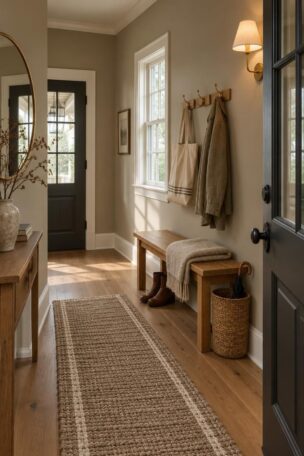 Welcoming entryway with warm greige walls, oak bench, brass hooks, woven runner, and dried branch, lit by daylight from a small window and a warm wall sconce together.