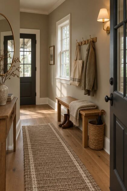 Entryway Paint Colors That Work with Natural and Artificial Light Welcoming entryway with warm greige walls, oak bench, brass hooks, woven runner, and dried branch, lit by daylight from a small window and a warm wall sconce together.