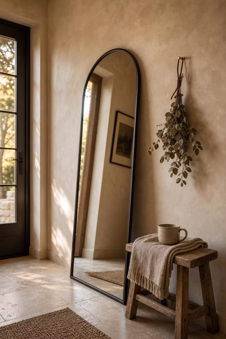 Limewash plaster entryway wall with arched iron mirror and dried eucalyptus bunch in warm afternoon light