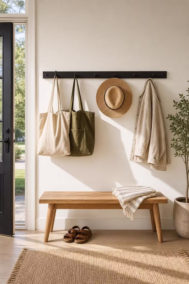 Matte black peg rail hooks with canvas totes and straw hat above a low oak bench in bright midday light