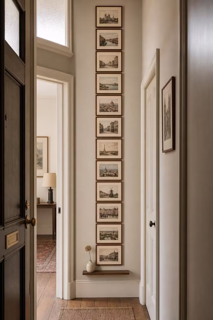 Tall vertical gallery wall of vintage cityscape postcards in walnut frames along a narrow entryway hallway