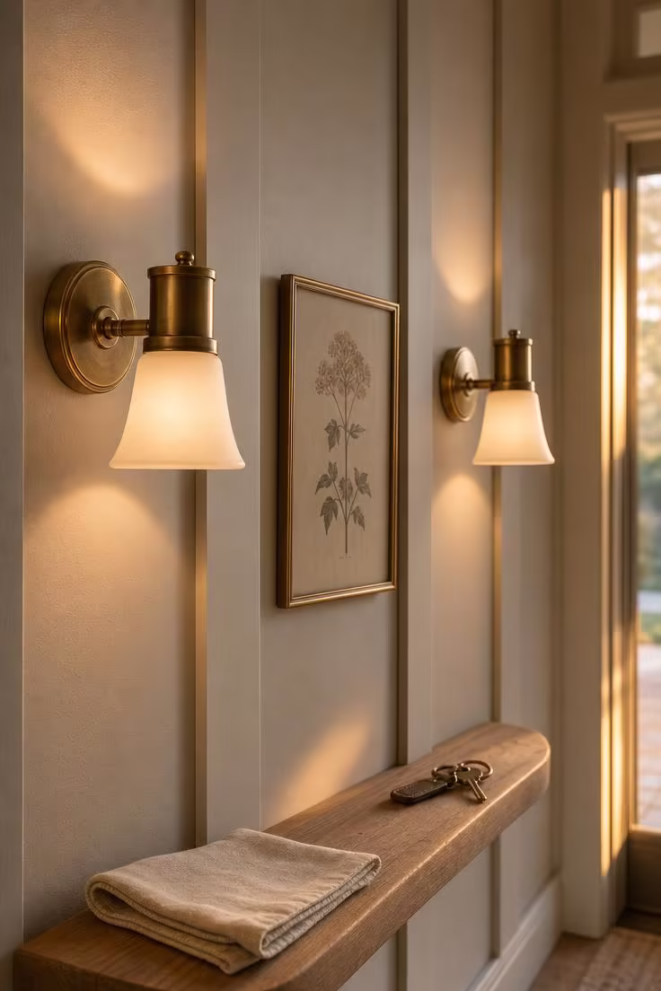 Board and batten paneling in warm greige with brass wall sconces casting warm light at eye level