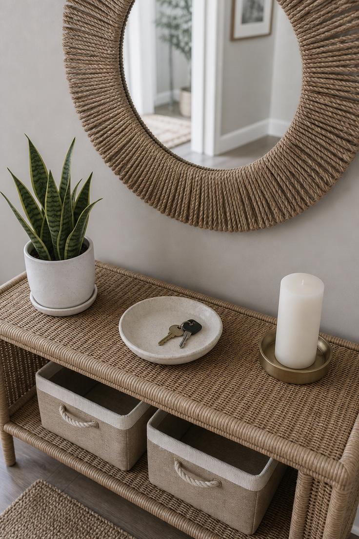 Large round jute-wrapped entryway mirror above a woven rattan console table in cool overcast morning light