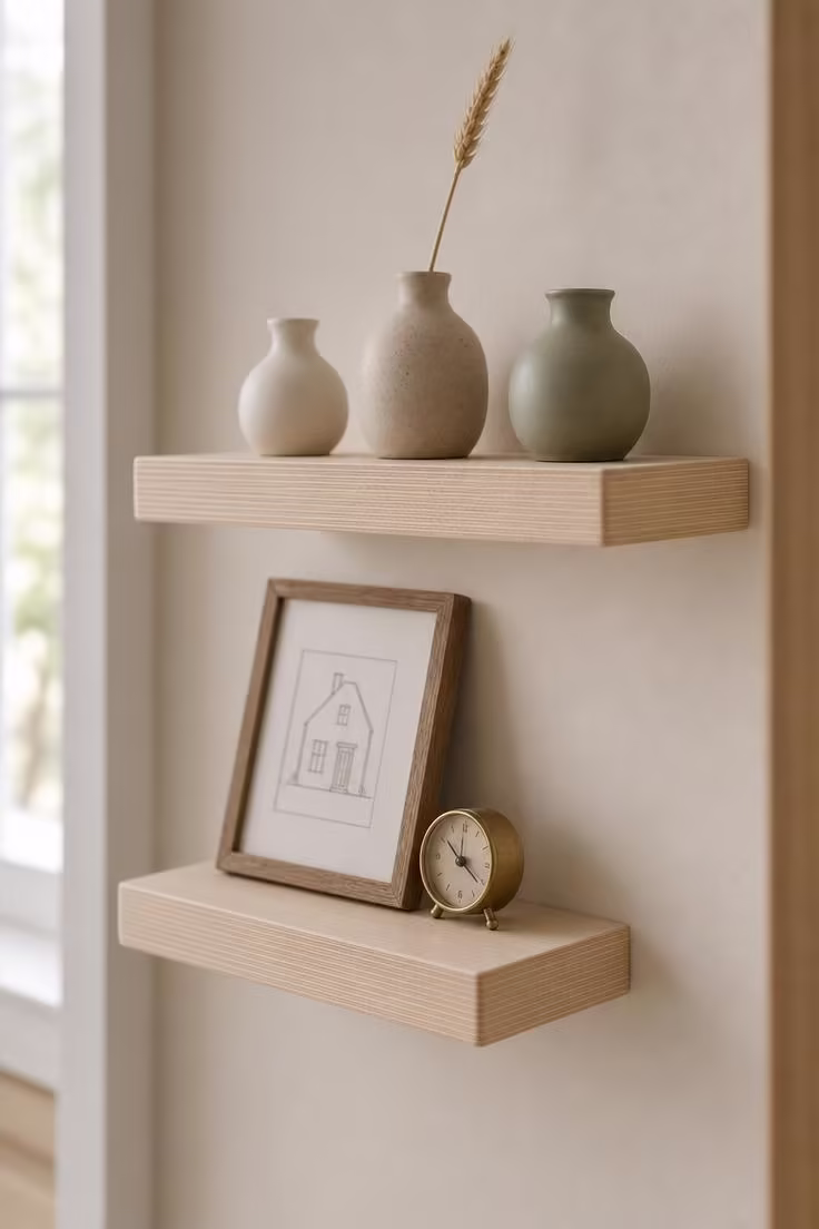 Raw birch floating shelves with ceramic vases and a framed line drawing in softly diffused entryway light