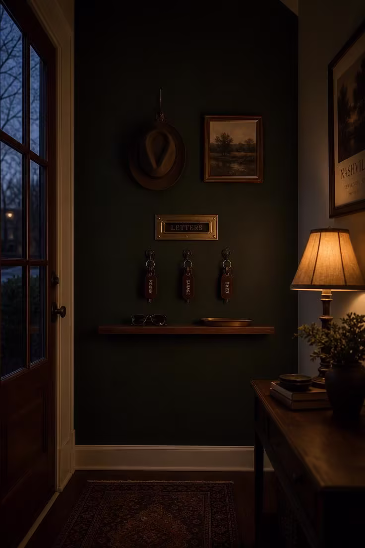 Bold forest green accent wall with brass mail slot and iron key hooks in moody low evening light