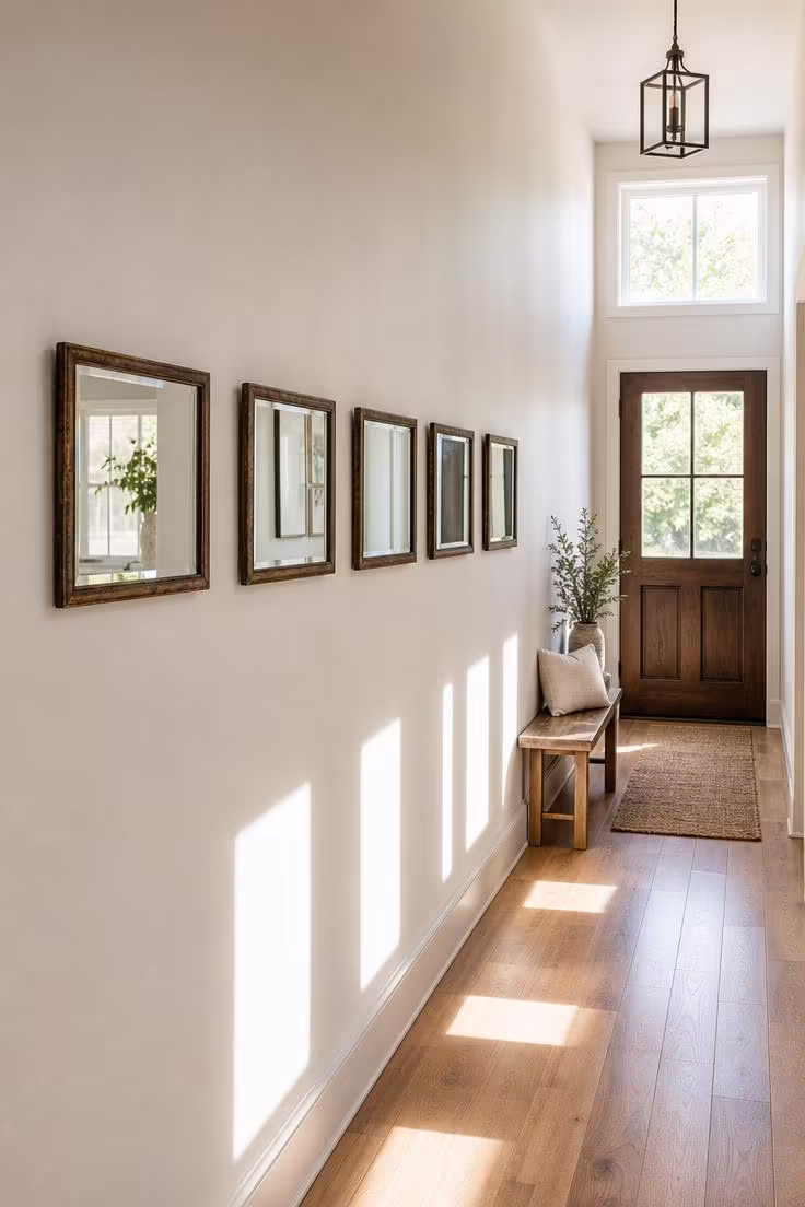 Horizontal row of five small square mirrors in aged bronze frames along a bright narrow hallway