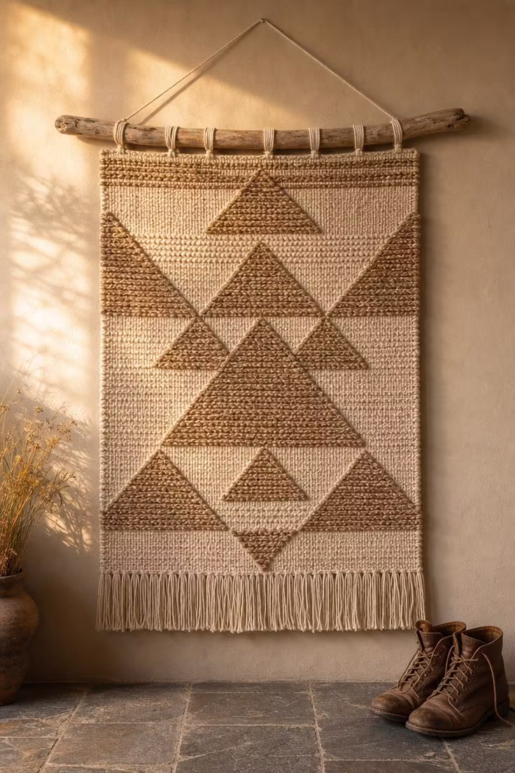 Woven cotton and jute wall hanging on a driftwood dowel above warm slate stone tile in golden afternoon light