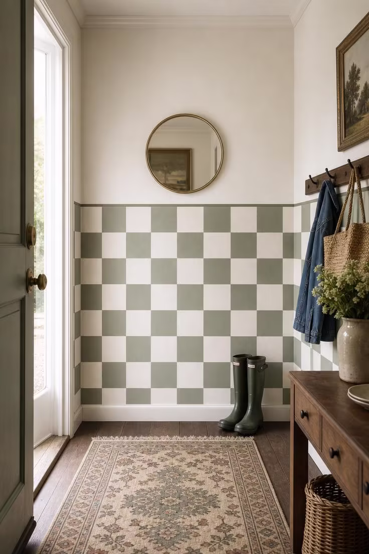 Painted cream and sage checkerboard pattern on the lower third of an entryway wall in cool overcast light