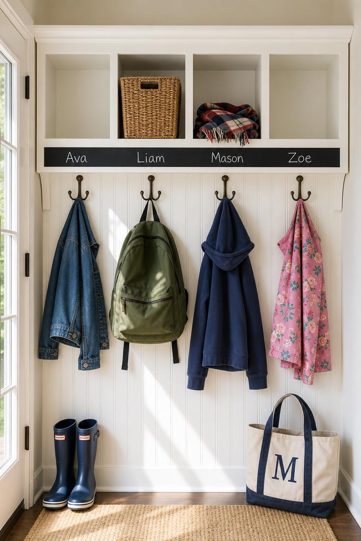 Mudroom wall storage grid with open cubbies, coat hooks, and chalkboard labels in bright midday light