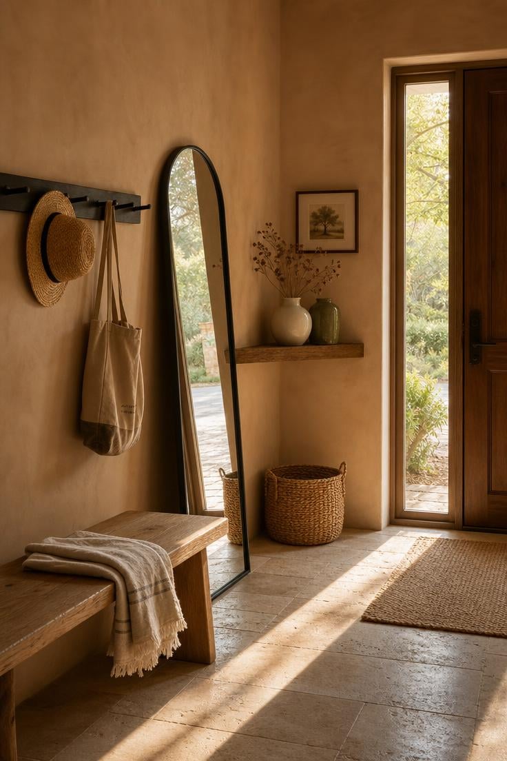 Simple Spaces 12 Warm and inviting entryway foyer with limewash walls, arched mirror, peg rail, and golden afternoon light
