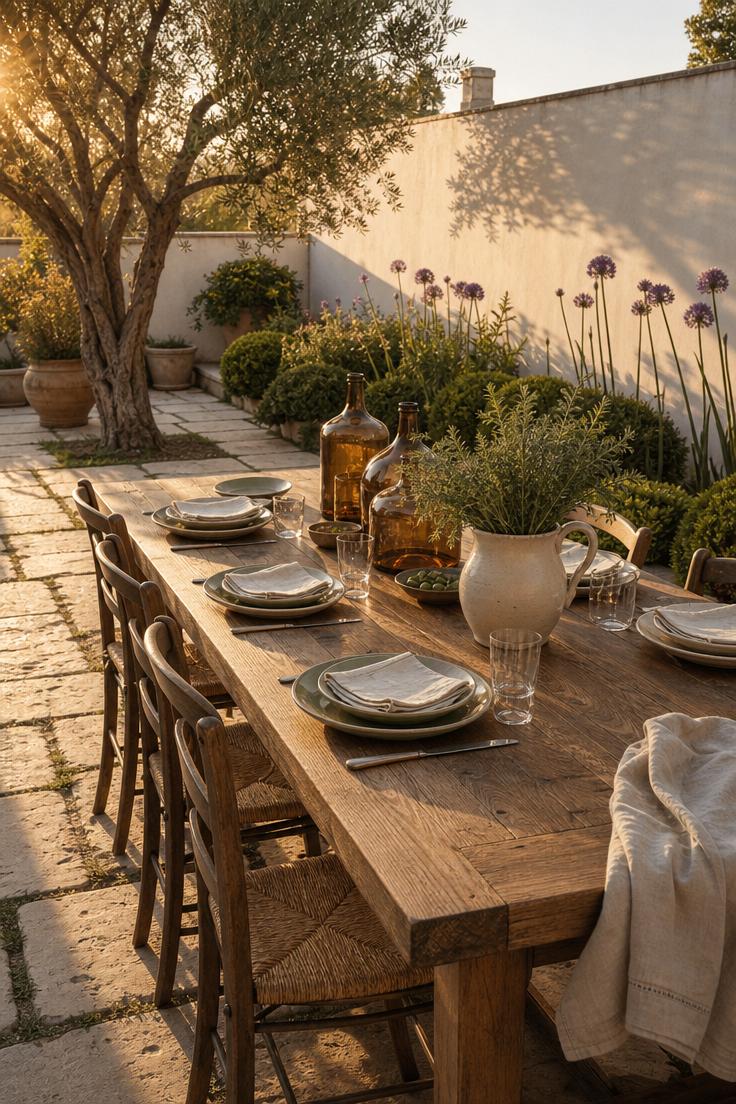 14 Inviting European Backyard Ideas That Feel Like Home 1 A long oak farmhouse dining table set for dinner on an aged limestone paver terrace with golden afternoon light and garden greenery in the background.