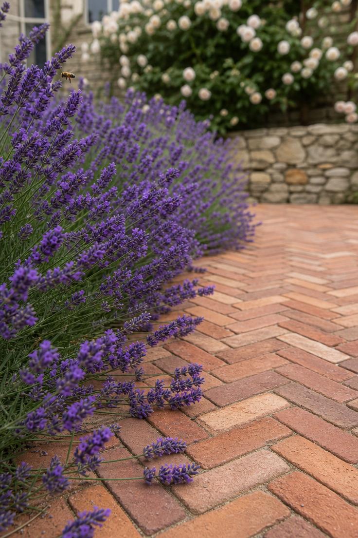 14 Inviting European Backyard Ideas That Feel Like Home 4 A close-up detail of blooming lavender rows alongside a reclaimed brick herringbone terrace under soft diffused light with a stone wall in the background.