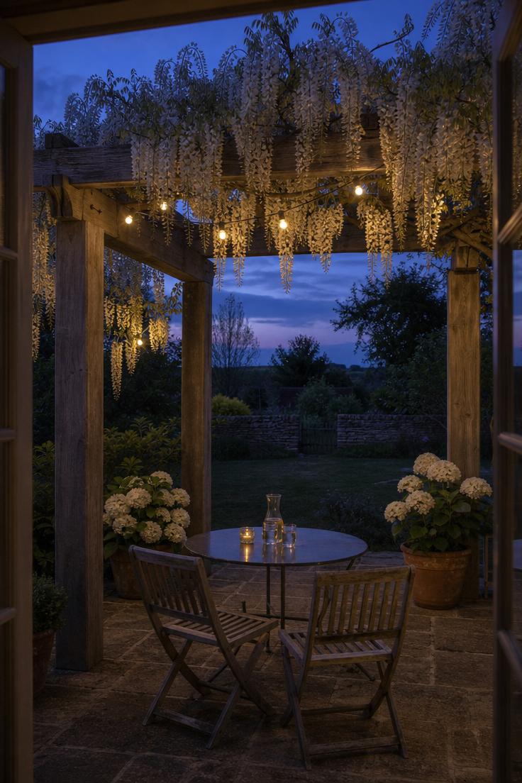 14 Inviting European Backyard Ideas That Feel Like Home 5 A weathered teak pergola with vines of white wisteria viewed from a doorway at dusk with string lights, a zinc table, and fading twilight sky.