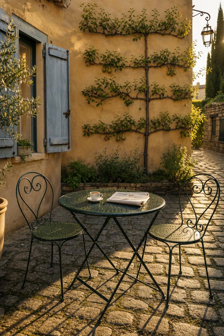 14 Inviting European Backyard Ideas That Feel Like Home 6 A wrought iron bistro set on a cobblestone sett courtyard at golden hour with an espalier pear tree on an ochre wall and faded blue shutters.