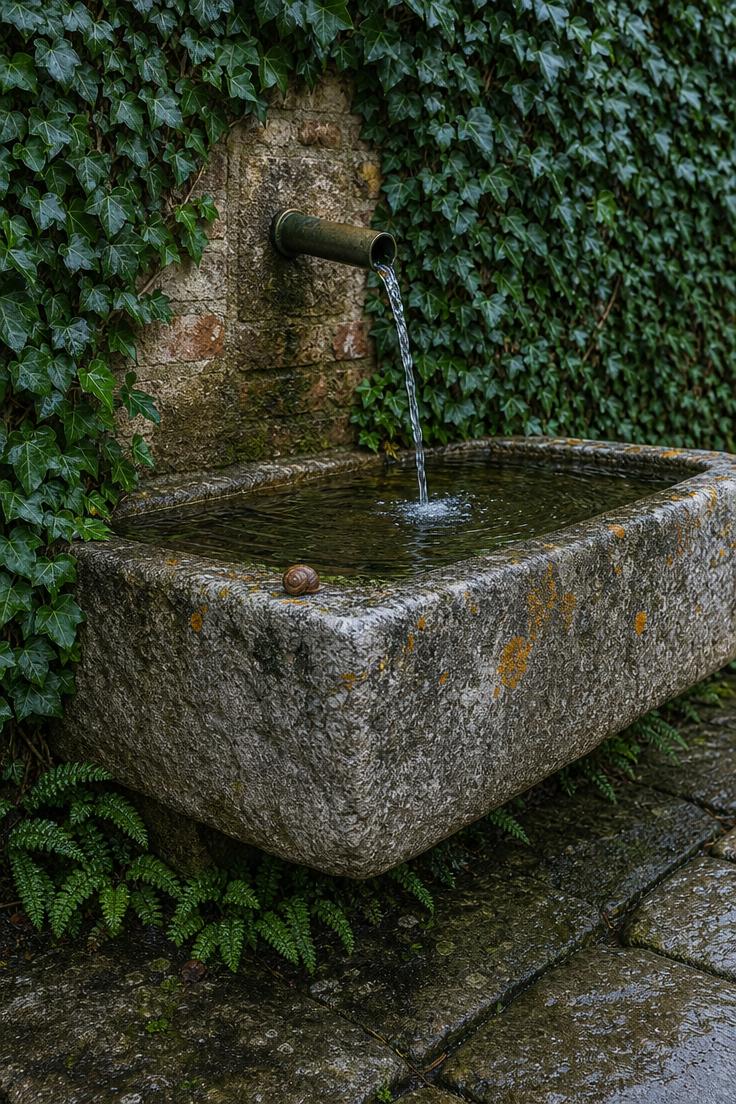 14 Inviting European Backyard Ideas That Feel Like Home 7 A close-up of a reclaimed stone trough fountain with a bronze spout on an ivy-covered brick garden wall under cool overcast light.