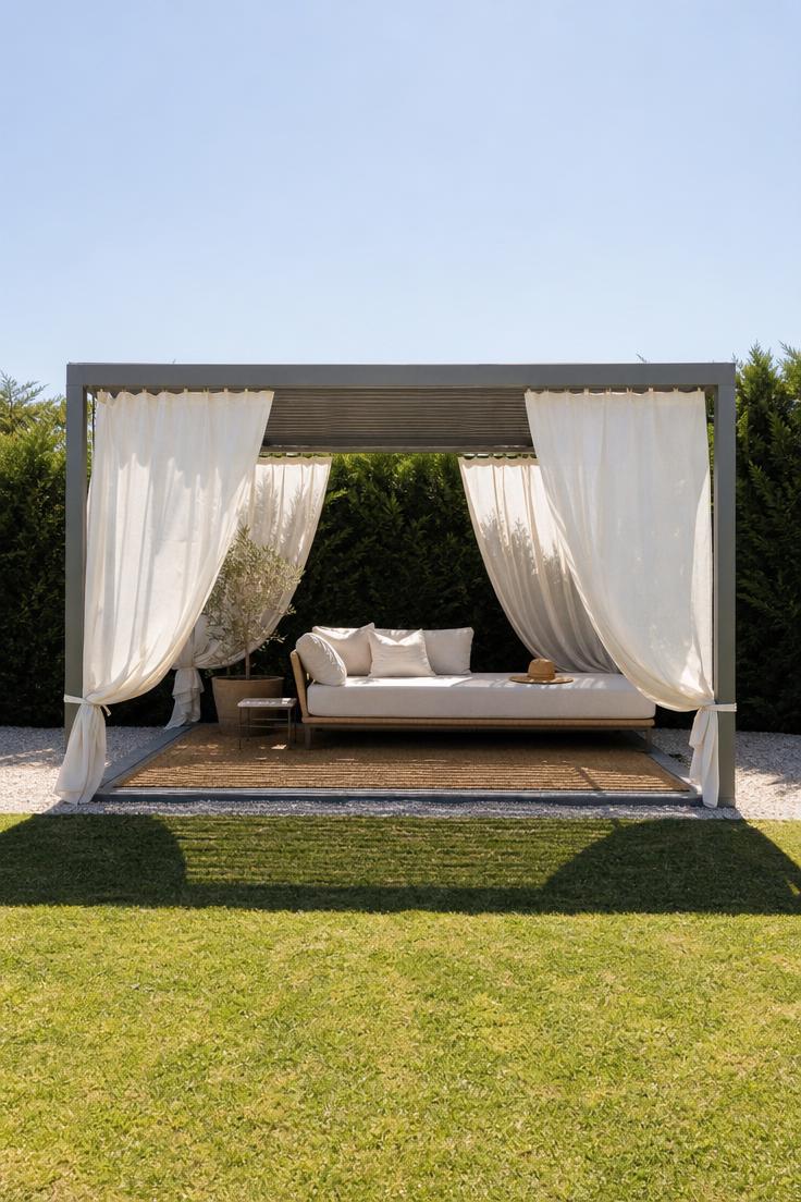 14 Inviting European Backyard Ideas That Feel Like Home 8 A wide view of a painted steel cabana frame with bleached linen curtains billowing on a green lawn under bright midday sun with a yew hedge behind.