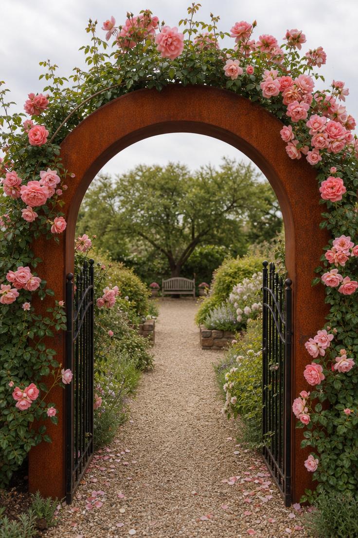 14 Inviting European Backyard Ideas That Feel Like Home 9 Climbing roses in blush and coral cascading over a rusted corten steel arch above a wrought iron garden gate with a gravel path beyond under soft diffused light.