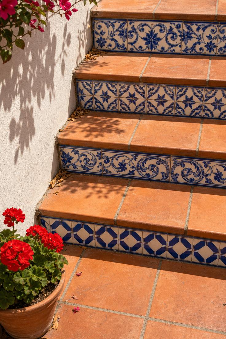 14 Inviting European Backyard Ideas That Feel Like Home 13 A close-up overhead view of a garden staircase with hand-glazed blue and white Portuguese-style ceramic tile risers and terracotta treads under bright midday sun.