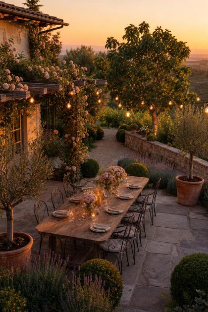 14 Inviting European Backyard Ideas That Feel Like Home A wide golden hour view of a European-inspired backyard with a stone terrace, farmhouse dining table, pergola with climbing roses, lavender borders, olive trees in terracotta, and string lights glowing at dusk.