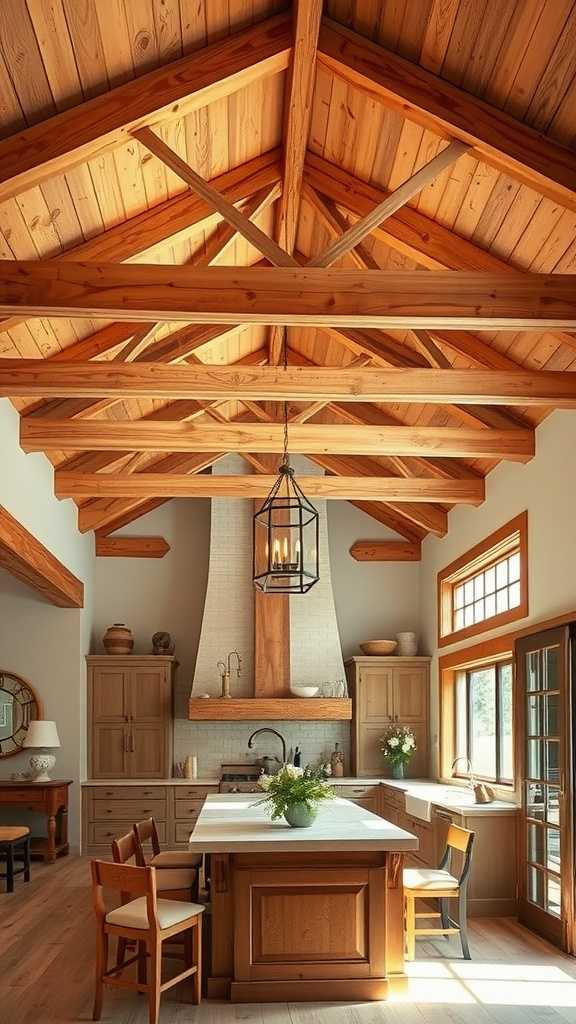 A cozy farmhouse kitchen with exposed wooden beams and rustic decor.