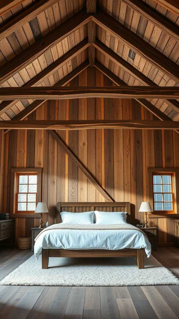 A rustic farmhouse bedroom featuring exposed beams and high ceilings with wooden walls and a cozy bed.