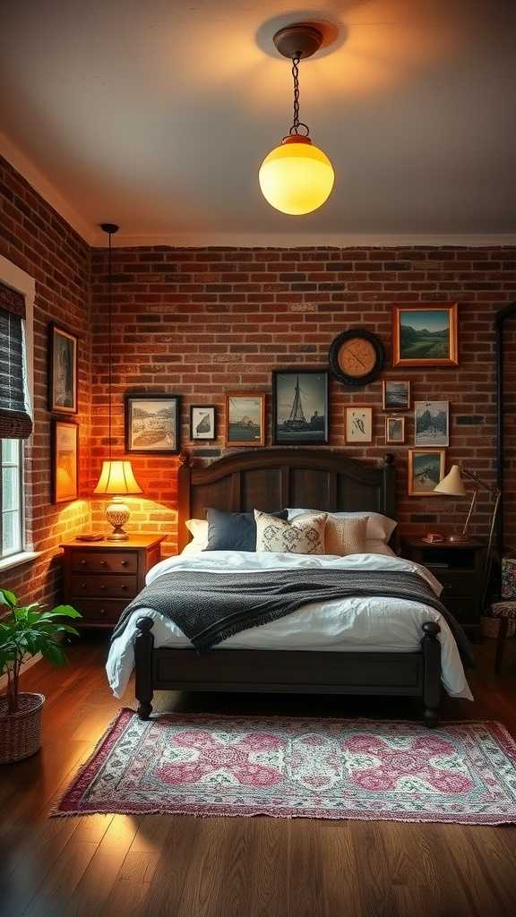 A cozy vintage bedroom with exposed brick walls and rustic decor