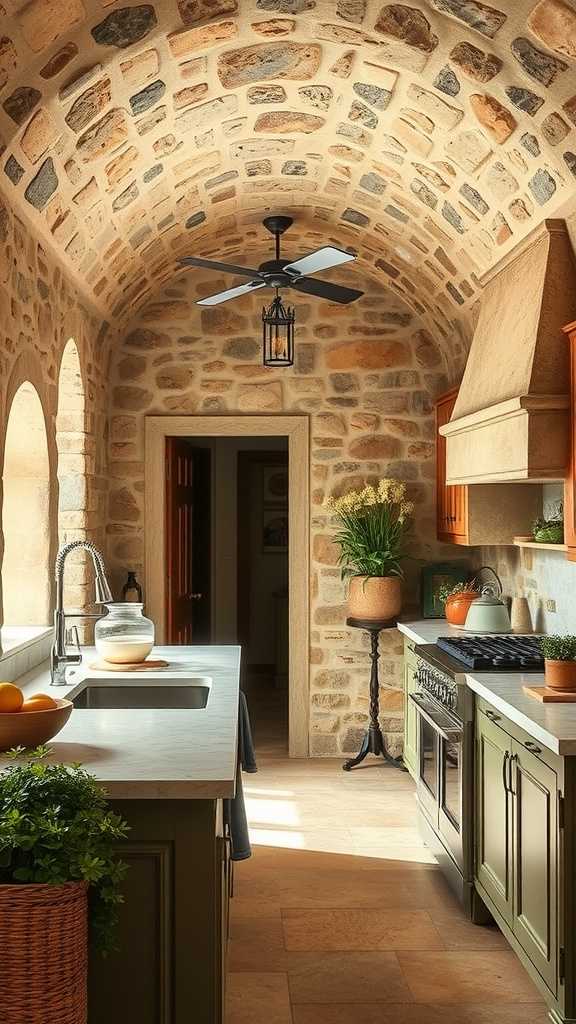 A cozy Spanish Mediterranean kitchen with exposed stone walls and dark wood cabinets.