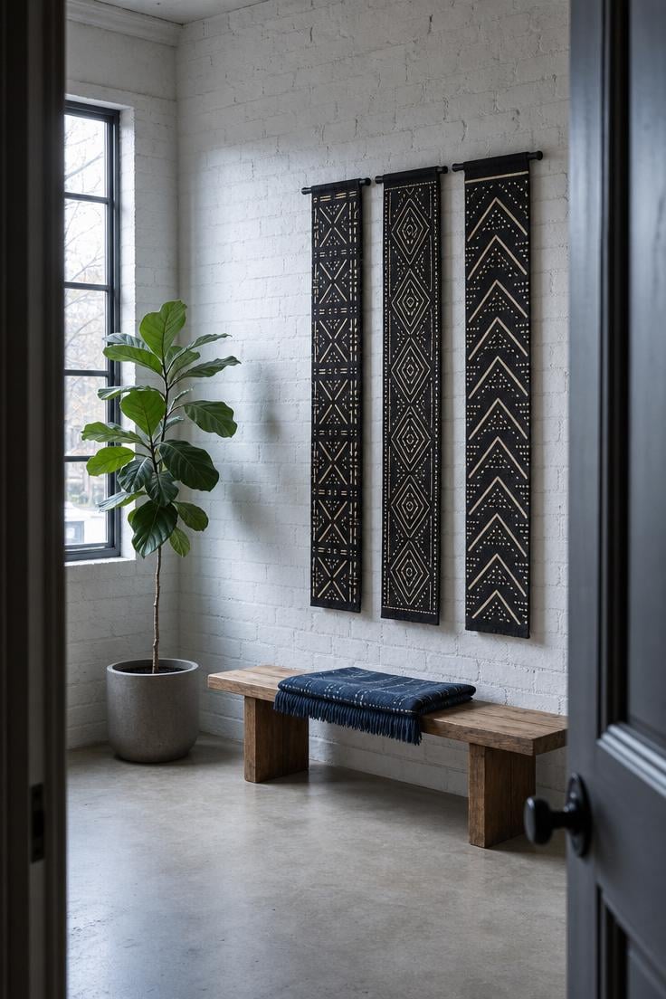 Three strips of Malian mud cloth in charcoal and ivory patterns hanging from black curtain rods on a whitewashed brick wall in cool morning light.