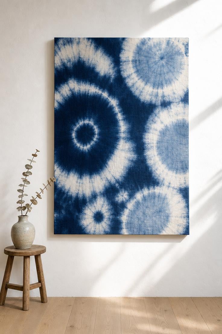 A large indigo shibori linen panel stretched over a cedar frame mounted on a white plaster wall in bright midday light.