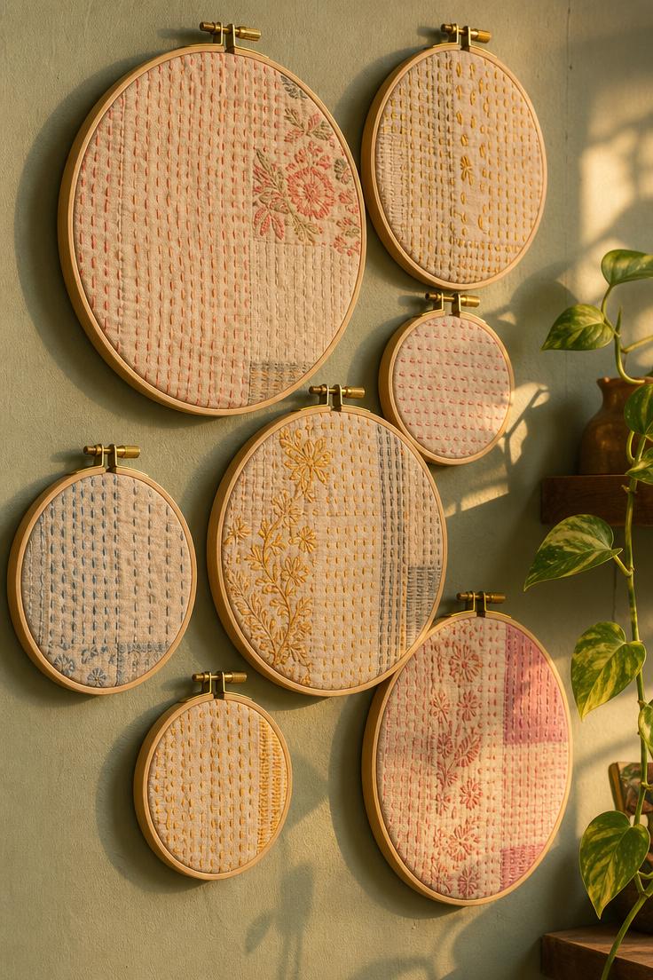 An organic cluster of vintage kantha fabric scraps in mismatched embroidery hoops on a sage green wall in warm golden afternoon light.