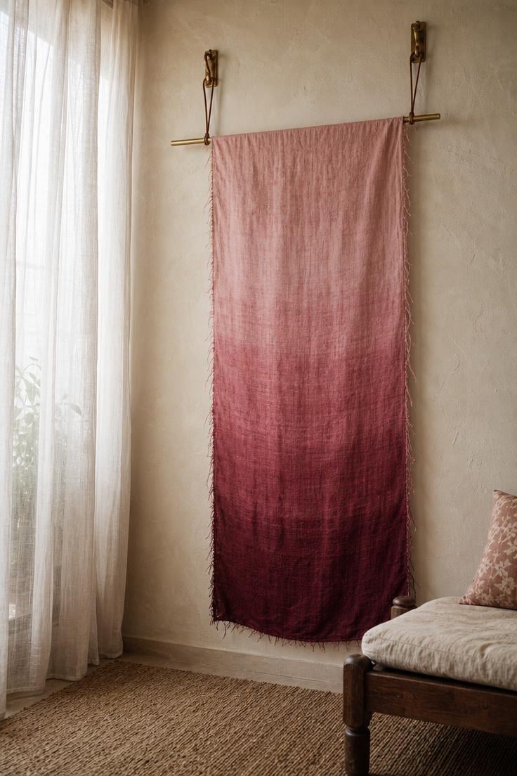 A floor-length raw silk ombré banner in dusty rose to burgundy hanging from a brass rod on an off-white plaster wall in soft diffused light.